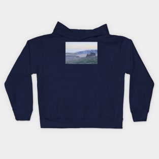 A cow in a foggy field Kids Hoodie